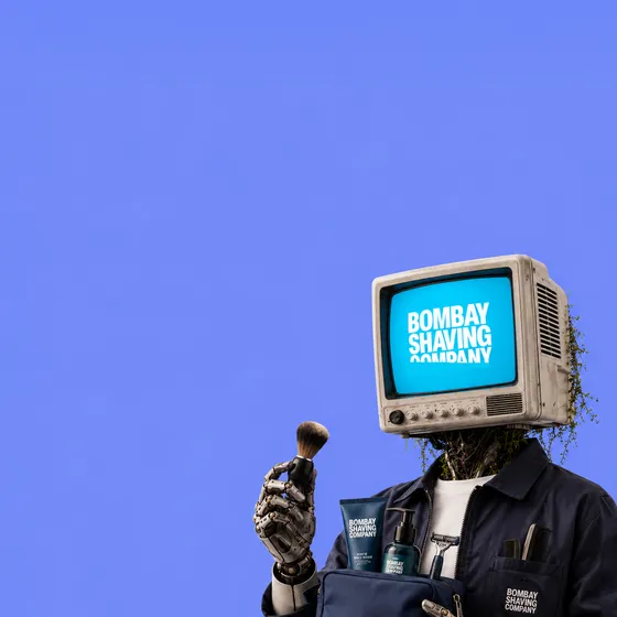 Bombay Shaving Co. — On-brand at scale, ~85% ROAS. A Whilter.AI client as a CRT-headed Signal Person.