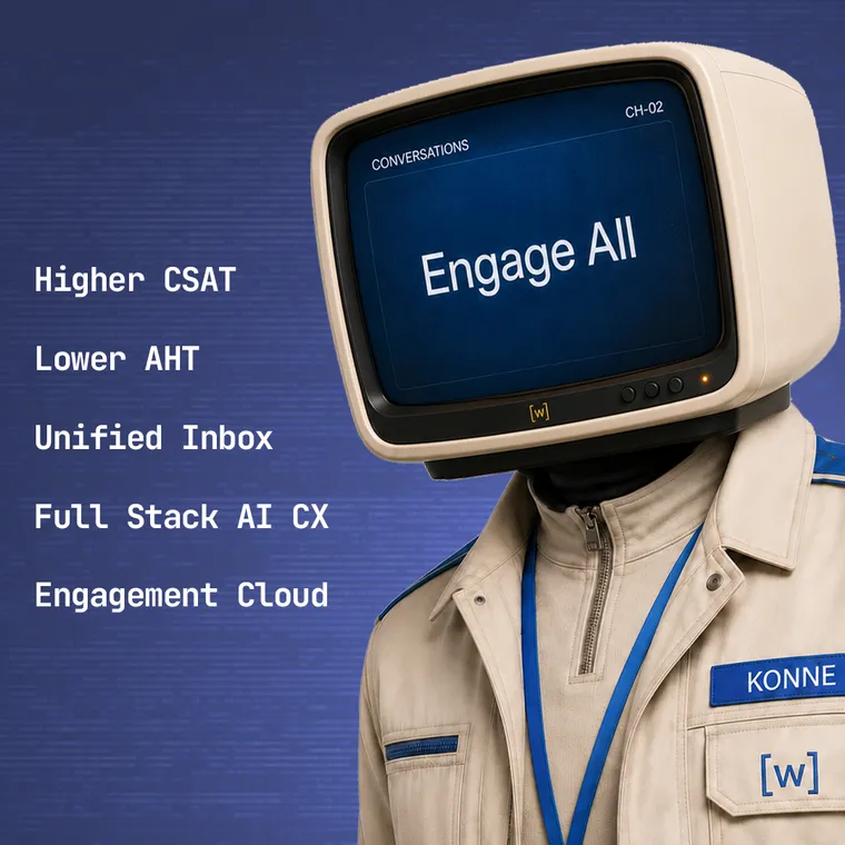 Konne CX, the nurturing engine — a CRT-headed operator, screen reading Engage All