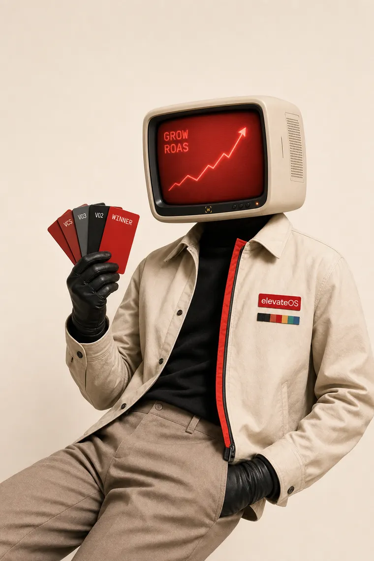 ElevateOS, the acquisition engine — a CRT-headed operator at the console, screen reading Grow RoAS