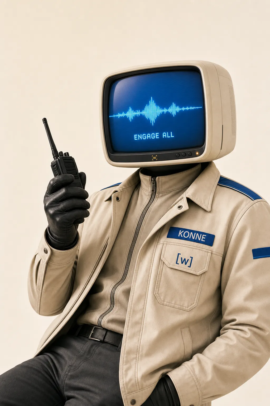 Konne CX nurturing operator — a Whilter signal person with a cream CRT head glowing blue, its screen reading ENGAGE ALL over a live conversation waveform, raising a walkie-talkie