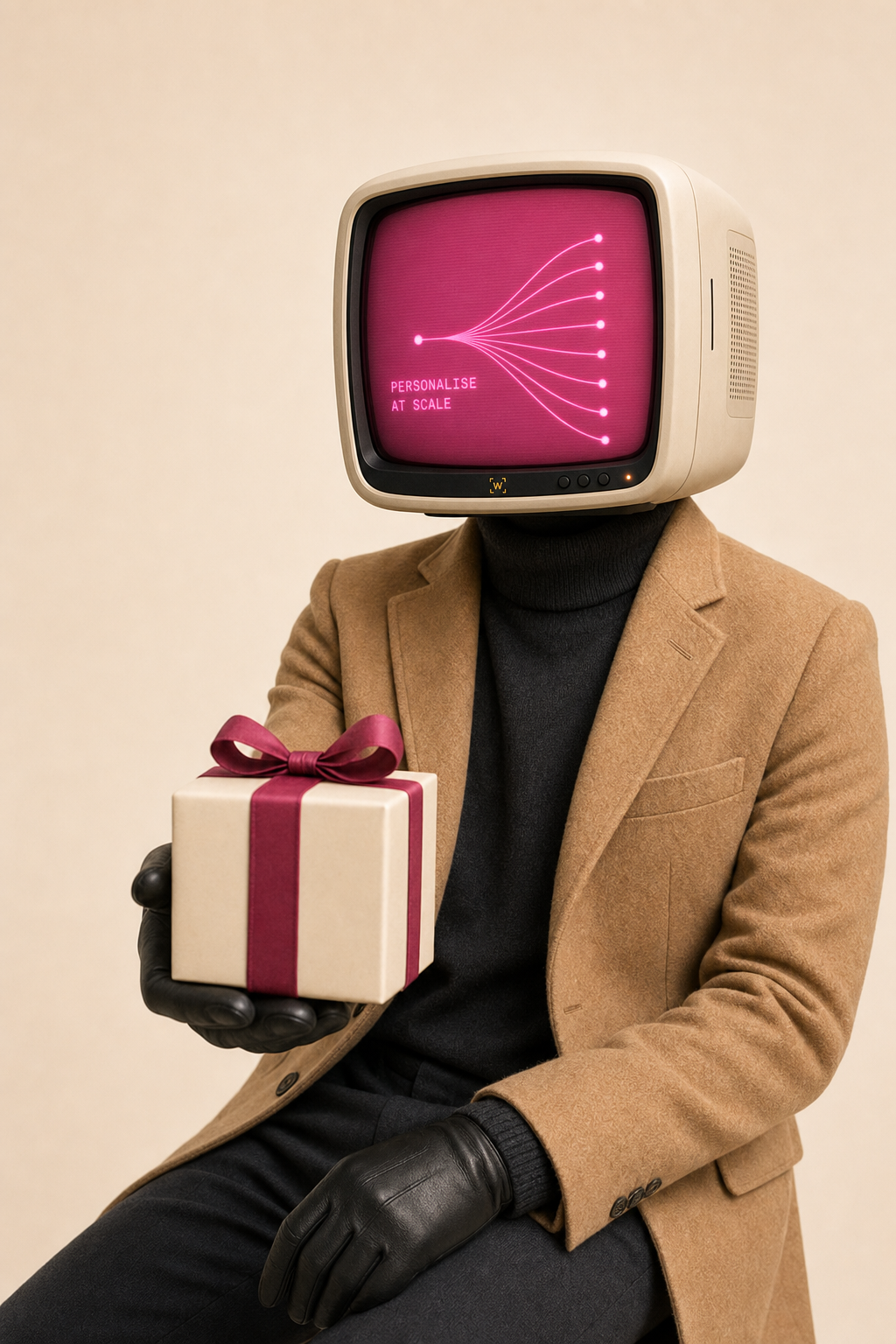 Snype operator — CRT head reading PERSONALISE AT SCALE, offering a ribboned gift box